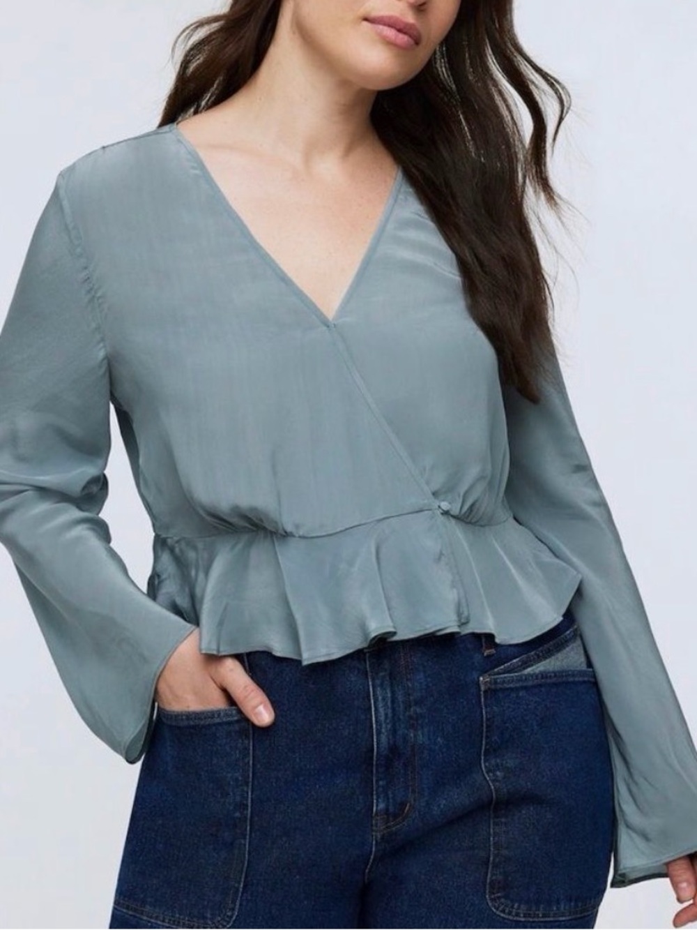 Madewell Sage Blue Bell Sleeve V-Neck Crepe Wrap Peplum Top - Size 4